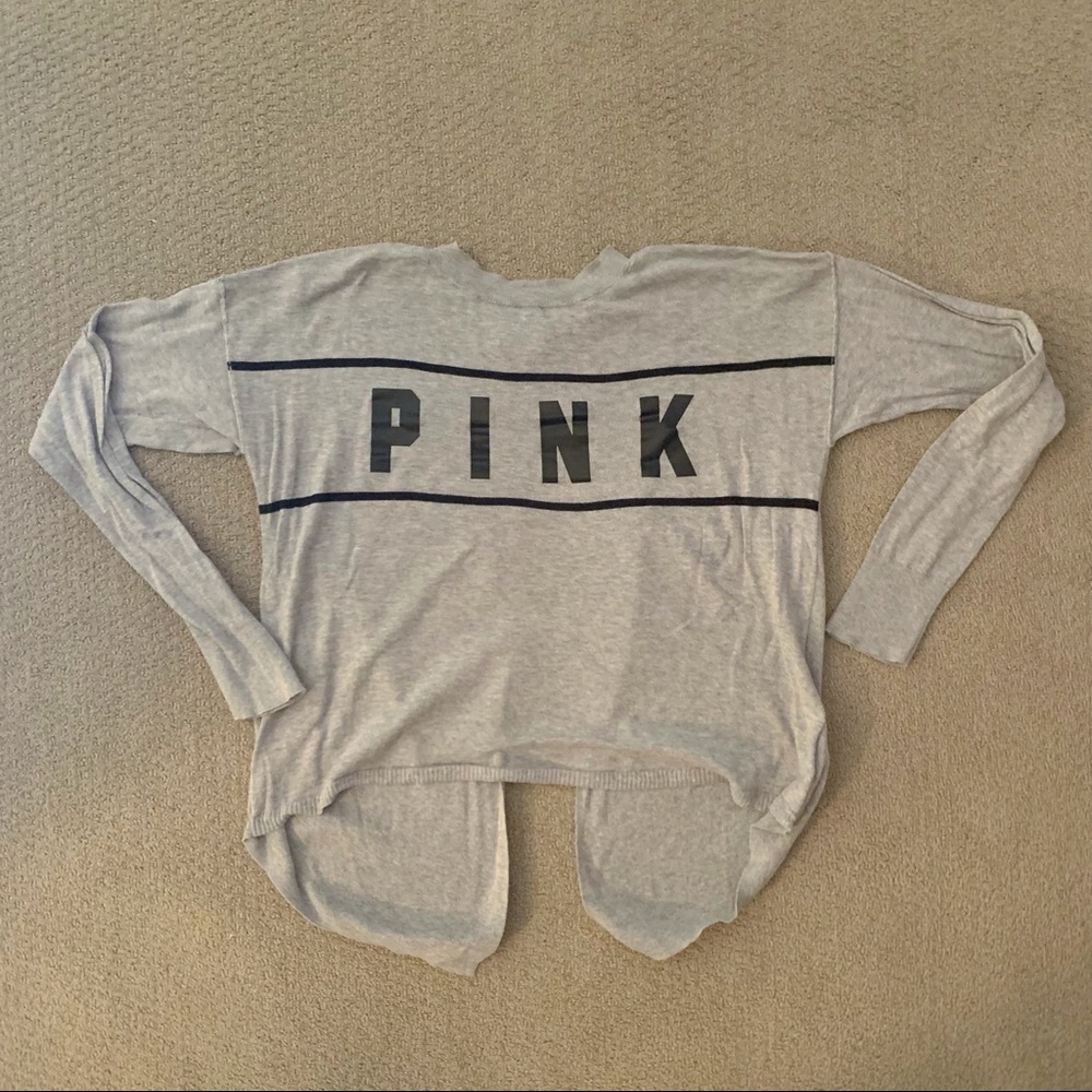 VS PINK Soft Gray Knit Sweater with Logo and Loose Open Back